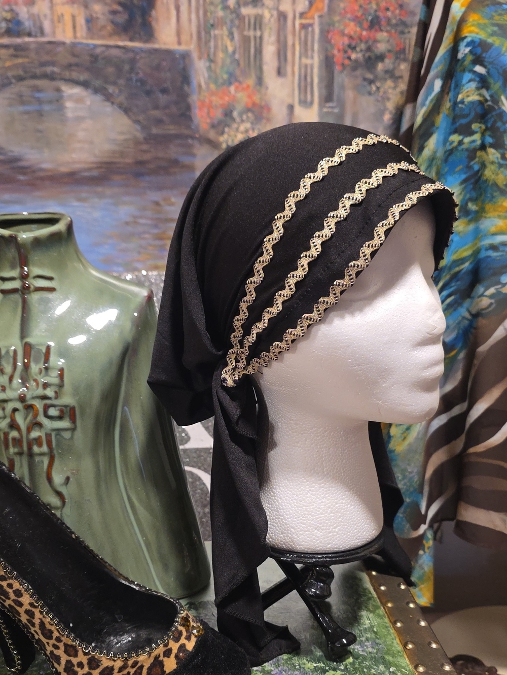 Black Headscarf with Gold Trim